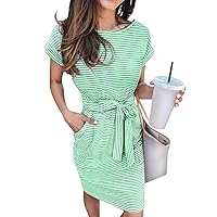 Womens T Shirt Dress Elegant Striped Short Sleeve Bodycon Dress Summer Casual Beach Dress with Pockets