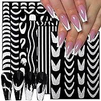 French V-Shaped Sparkly Glitter French Nail Stickers,3D Glitter Silver Nail Decals Stripe Line Nail Art Stickers Self-Adhesive Curve Swirl Lines Nails Designs Women DIY Nail Supplies Decorations 6PCS