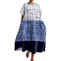 2024, Modest Dresses for Women, Trendy Clothes 2024 Women's Short Sleeve Crew Neck Color Block Summer Loose Casual A-Line T-Shirt Floral Womens Oversized Dress (M, Blue)