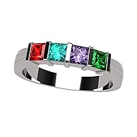 Central Diamond Center Princess Mothers Ring w/ 1 to 6 Simulated Birthstones in Sterling Silver or 10K Gold