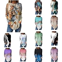 Womens 2024 Long Sleeve Tops Spring Casual Crewneck Shirts Fashion Vintage Floral Print Basic Blouse