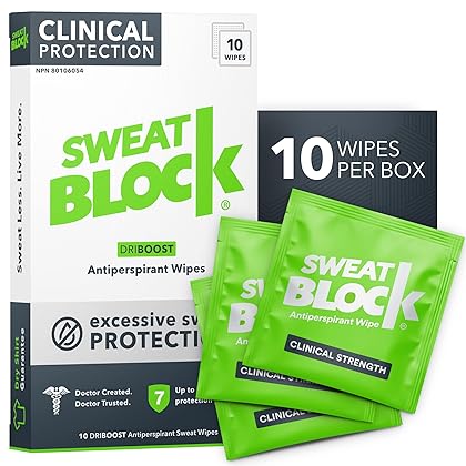 SweatBlock Clinical Strength DRIBOOST Antiperspirant Wipes - Treat Hyperhidrosis & Excessive Sweating for Men, Women, and Teens - 7 Days of Protection Per Wipe - Dermatologist Tested, Unscented,10 ct.