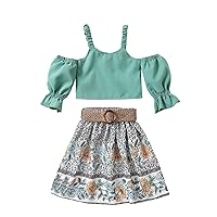 6 Piece Set Kids Toddler Baby Girls Spring Summer Floral Cotton Short Sleeve Tops Skirts Outfits (Green, 5-6 Years)