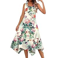 Summer Dresses for Women 2024,Womens Floral Print Crewneck Sleeveless Sundress Hankerchief Hem Maxi Tank Beach Dress