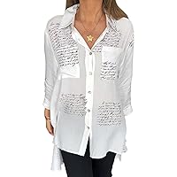 Letter Print Fashion Lapel Shirt, Women's Long Sleeve Print Button Down Shirts Casual Loose Blouse Tops