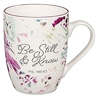 Christian Art Gifts Inspirational Ceramic Coffee & Tea Scripture Mug for Women: Be Still & Know Psalm Encouraging Bible Verse, Microwave & Dishwasher Safe Cute Cup, White, Purple & Teal Floral, 12 oz.