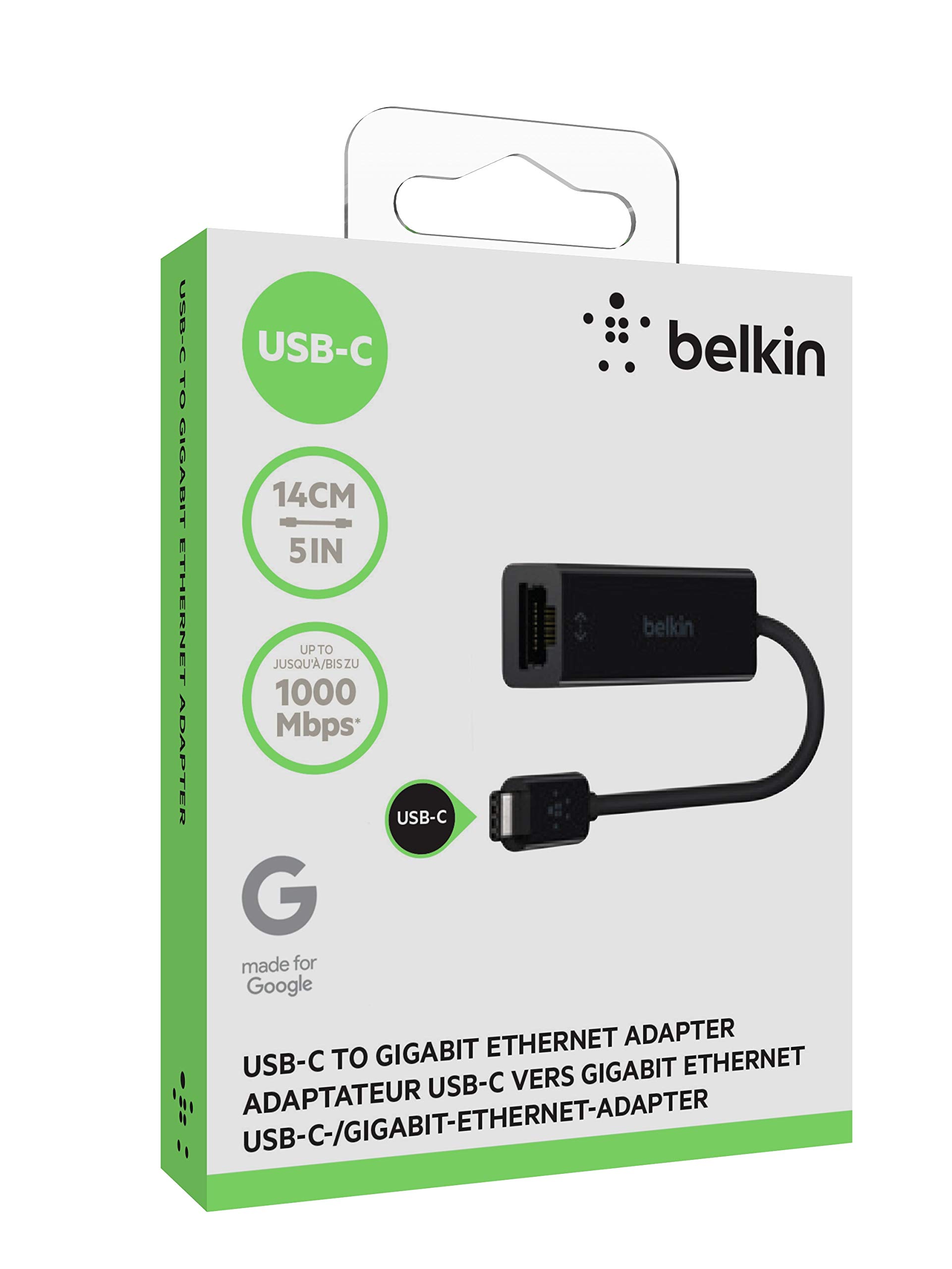 Belkin USB C To Ethernet Adapter - Gigabit Ethernet Port Compatible with USB C Devices - USB C to Ethernet Cable For MacBook Pro & Dell XPS 13” Laptops - Ethernet USB C Hub - Ethernet USB C Adapter