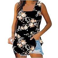 Women's Square Neck Tank Top Floral Print Summer Tops Loose Sleeveless Tunic Tops Casual Hide Belly Pleated Shirts