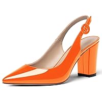 WAYDERNS Women's Thick Patent Solid Pointed Toe Slingback Buckle Ankle Strap Block High Heel Pumps Shoes 3 Inch