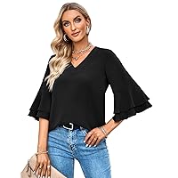 Flygo Women's Summer Dressy Blouses V Neck 3/4 Bell Sleeve Tunic Tops for Leggings Tiered Ruffle Sleeve Casual Shirts(BlackRuffle-S)