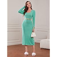 Women's Fashion Dress -Dresses Solid Square Neck Sweater Dress Without Belt Sweater Dress for Women (Color : Mint Blue, Size : Small)