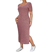 Plus Size Dress Women's V Neck Front Knotted Wrap A-Line Dress Plus Size Knee Length Midi Swing Dress for Curvy Women