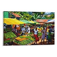 Caribbean Folk Art Poster Caribbean Market Selling Fruits West Indies Market Night Scene Painting Art Poster (2) Canvas Poster Wall Art Decor Print Picture Paintings for Living Room Bedroom Decoration