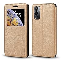 for Tecno Pova 4 Case, Wood Grain Leather Case with Card Holder and Window, Magnetic Flip Cover for Tecno Pova 4 (6.82”) Gold