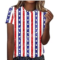 4th of July Casual Tee Tops Women Shirts Crewneck Short Sleeve American Flag Stars Stripes Blouses