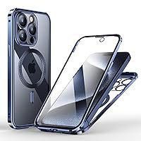 Phone Case for iPhone 15 Pro Max Front and Back Protection Magnetic Compatible with Magsafe Metal Bumper Glass Screen Protector Double Sided Cover with Camera Lens Protector - Dark Blue
