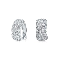 Bridal Prom Criss Cross Twisted Row Pave Crystal Dome Half Hoop Clip On Earrings Non Pierced Ears Silver Plated Brass