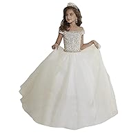 Girls Illusion Rhinestone Beading Ruffled Christmas Ball Gown Princess Pageant Dress (12, White)