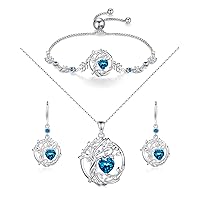FANCIME Tree of life December Birthstone Jewelry Set Sterling Silver London Blue Topaz Pendant Earrings Bracelet Birthday Mothers Day Gifts for women Wife Mom Her