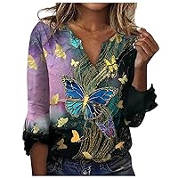Fall Tops for Women 2023 Trendy,Women's Top Loose Casual V-Neck Printed Blouses Bell 3/4 Sleeve T-Shirt