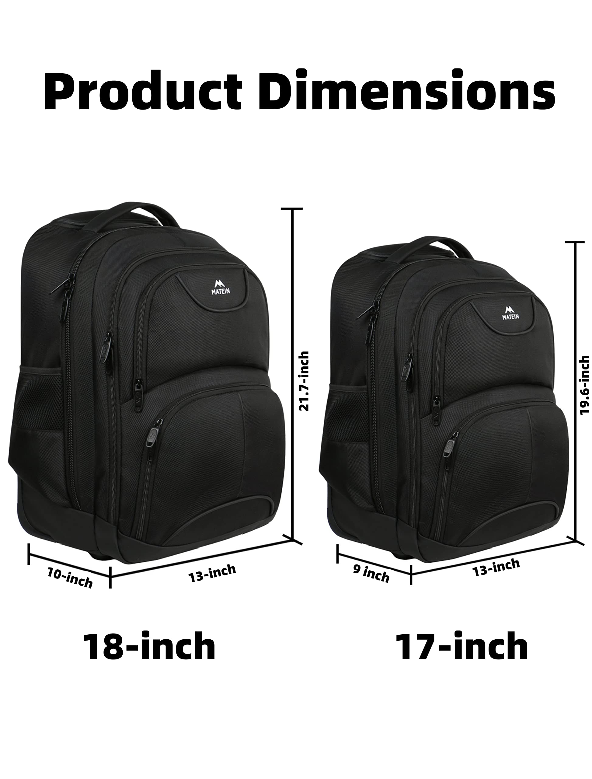 MATEIN Rolling Backpack, 17 inch Water Resistant Wheeled Laptop Backpack, Carry on Luggage Business Bag, Overnight College Computer Backpack Trolley Suitcase for Men Women Adults to Travel, Black