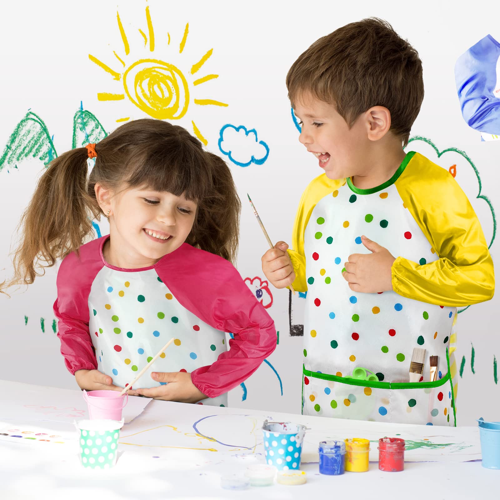 Sumyboor 2 Pack Kids Art Smocks Waterproof Kids Apron Long Sleeve with 3 Pockets for Painting, Baking, Feeding, Age 2-6 Years