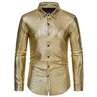 GRAJTCIN Mens 70s Disco Shirt Metallic Silver Long Sleeve Button Down Shirts Disco Party Nightclub Costume