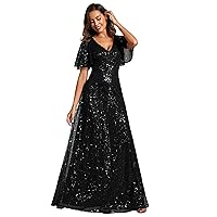 Ever-Pretty Women's Elegant Sequin Short Ruffle Sleeve Embroidery A-Line Evening Dress Formal Wedding Maxi Dress 02120-PH