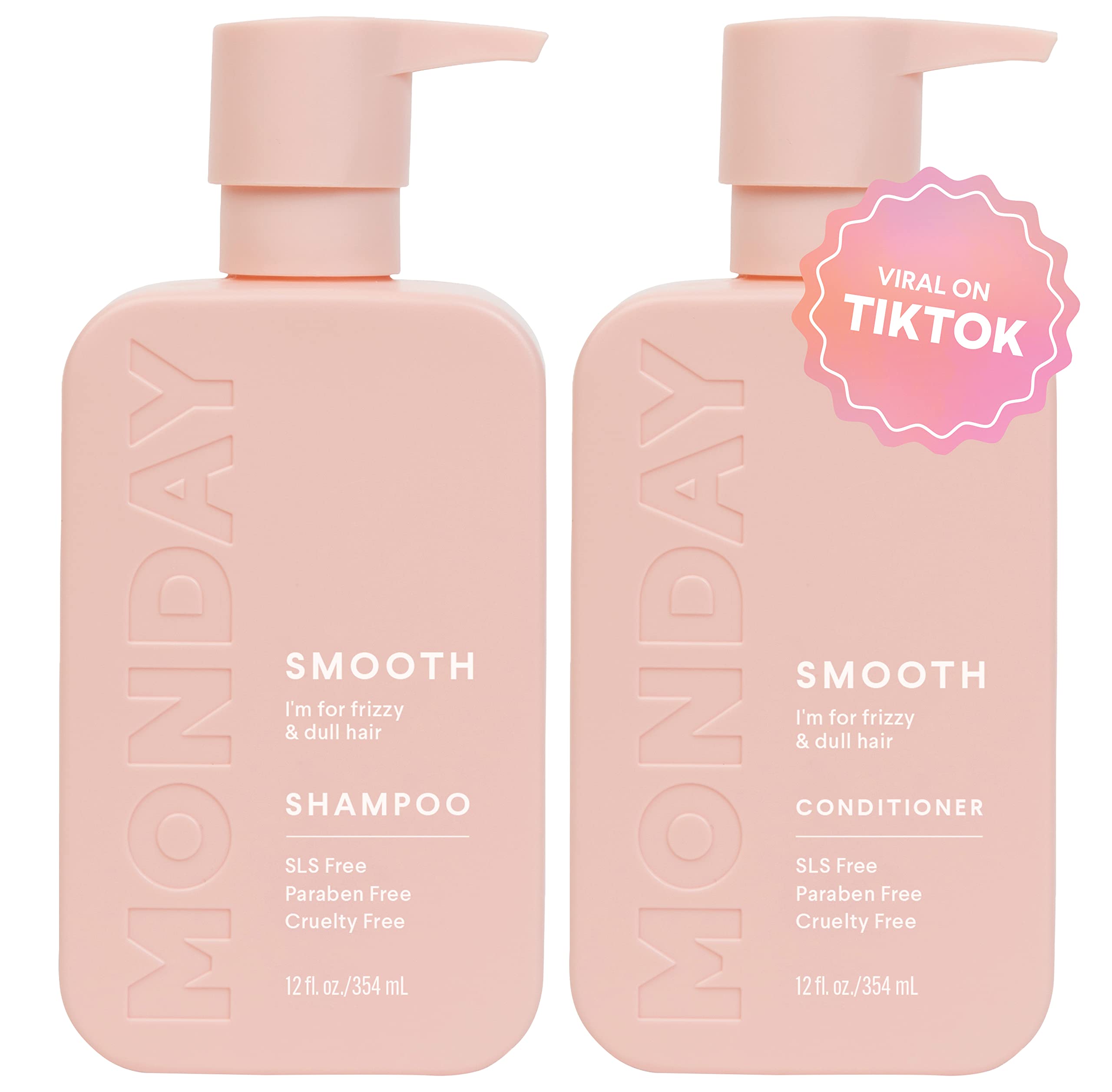 MONDAY HAIRCARE Smooth Shampoo + Conditioner Bathroom Set (2 Pack) 12oz Each for Frizzy, Coarse, and Curly Hair, Made from Coconut Oil, Shea Butter, & Vitamin E, 100% Recyclable Bottles