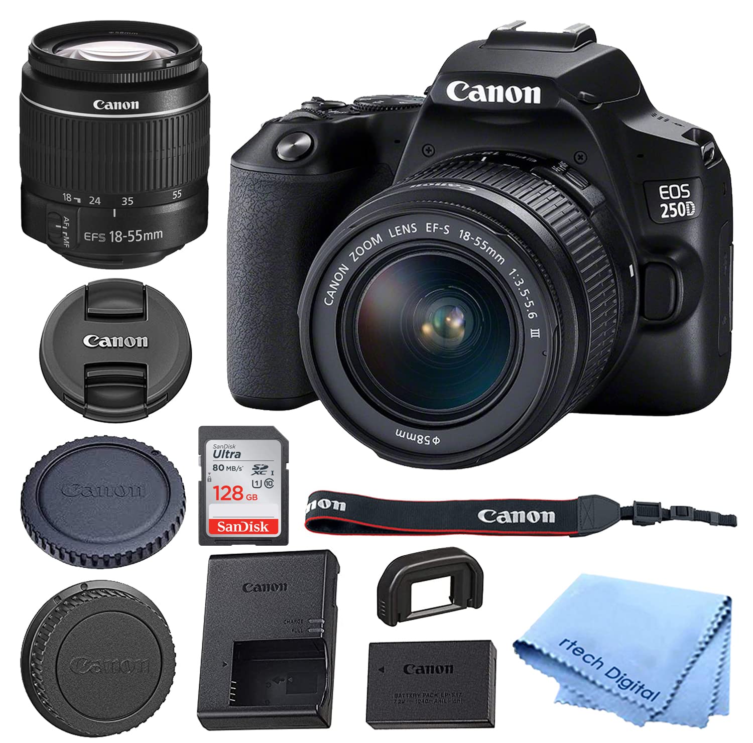 Canon EOS 250D / Rebel SL3 DSLR Camera w/ 18-55mm F/3.5-5.6 III Lens with 128 GB Memory Card, Black, (EOS250w128GB)
