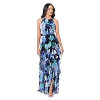 Betsy & Adam Women's Elegant Long Chiffon Floral Dress with Ruffle Detail and Tie Neck