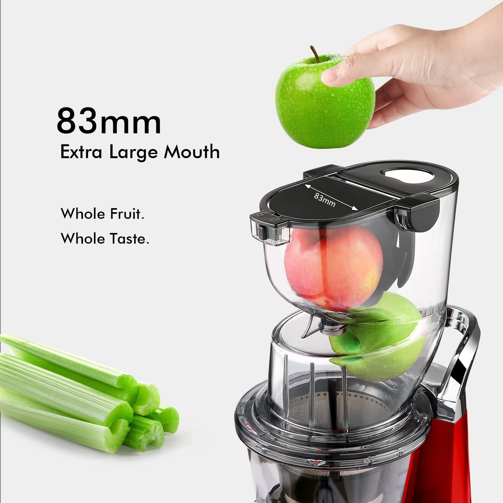 SiFENE Quiet Cold Press Juicer Machine, Large 83mm Feed Chute, Whole Fruit and Vegetable Slow Masticating Juicer, High-Yield Juice Extractor, Easy to Clean, BPA-Free, Red