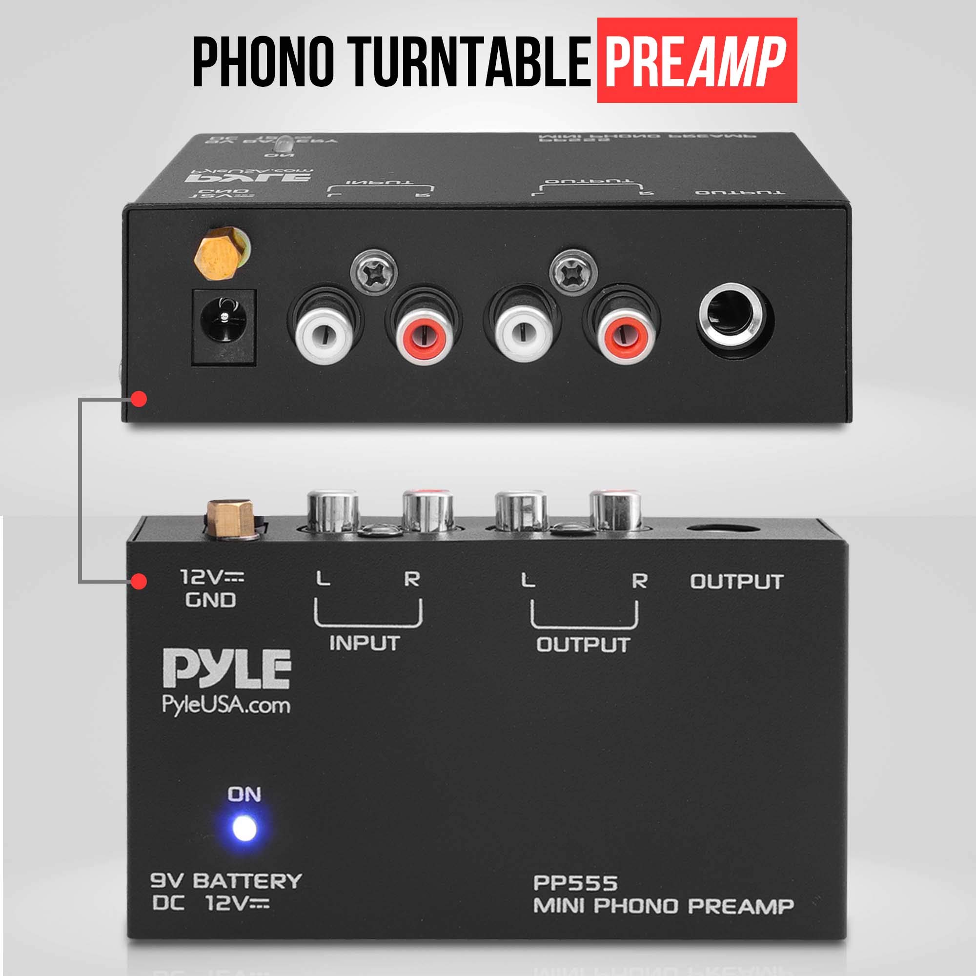 Pyle Phono Turntable Preamp - Mini Electronic Audio Stereo Phonograph Preamplifier with 9V Battery Compartment, Separate DC 12V Power Adapter, RCA Input, RCA Output & Low Noise Operation (PP555) BLACK
