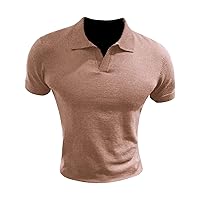 Mens Knitted Polo Shirt Muscle Short Sleeve Pullover V Neck Stretch Beach Tops Casual Slim Fit Vintage Golf T-Shirt