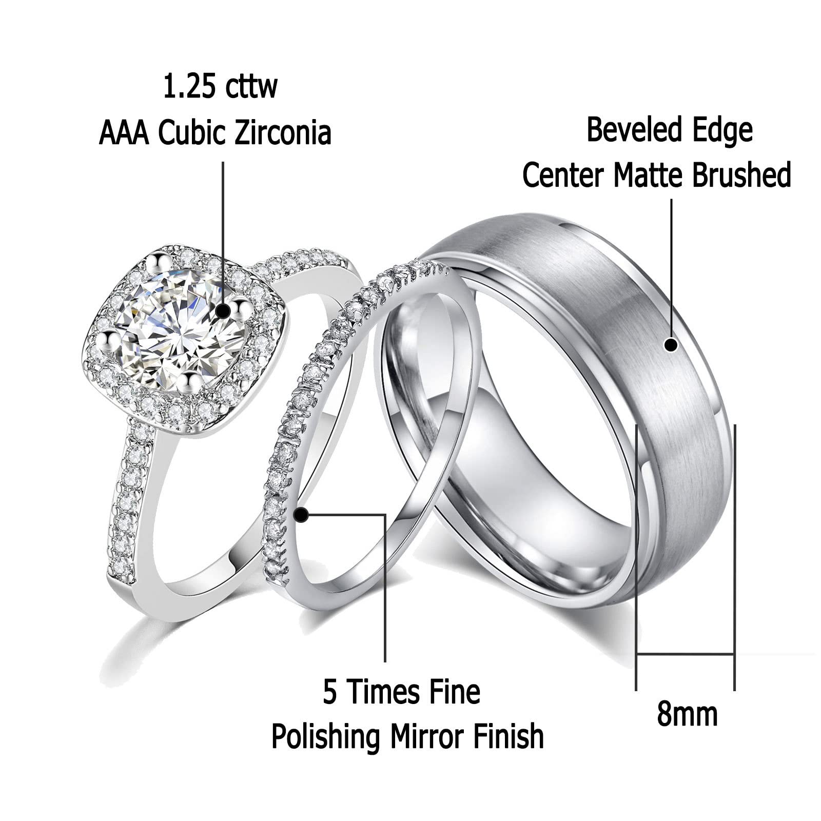 Ahloe Jewelry 18k Gold Wedding Ring Sets for Him and Her Womens Mens Titanium Stainless Steel Rings Bands 1.5Ct Cz White Couple Rings