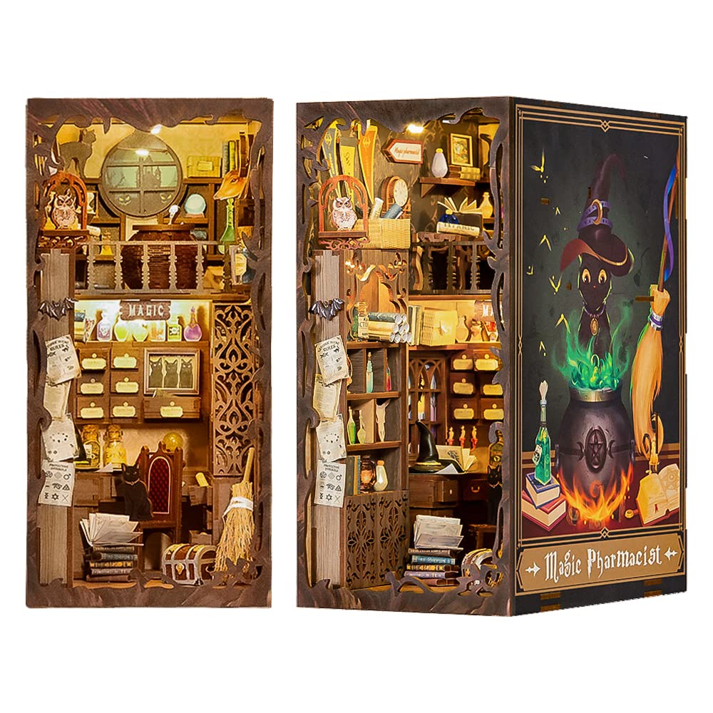 CUTEBEE DIY Book Nook Kit, DIY Dollhouse Booknook Kit Bookshelf Insert Decor Alley, Bookends Model Build-Creativity Kit with LED Light(Magic Pharmacist)(Cozy Time)