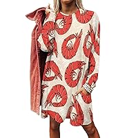 Shrimps Women's Long Sleeve T-Shirt Dress Casual Tunic Tops Loose Fit Crewneck Sweatshirts with Pockets