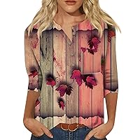 Womens 3/4 Sleeve Summer Tops Casual Button Down Plus Size Blouses Cooling Printed T Shirts Colorblock Graphic Tees