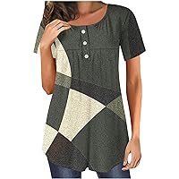 Tunic Tops for Women Fashion Colorblock T-Shirt Loose Fitting Summer Top Crewneck Flowy Blouses Henley Shirts