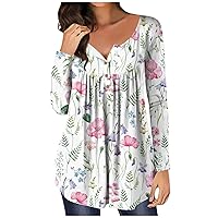 Plus Size Long Sleeve Pleated Flowy Top Shirts Henley Button Casual Loose Fit Pleated Tunic Tops