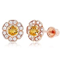 Solid 14K Gold 6mm Natural Birthstone Flower Screwback Stud Earrings For Women | 7mm Round Birthstone | 1mm Created White Sapphire Flower Screwback Earrings For Women and Girls