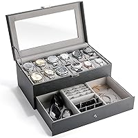 ProCase 12 Slots Watch Box Case for Men, Mens Jewelry Organizer Watch Holder Display Case with Drawer, PU Leather Watch Storage Boxes with Glass Lid and Pillow, Father's Day Gift -Black