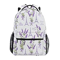 ALAZA Eiffel Tower Lavender Flower Floral Backpack Purse with Multiple Pockets Name Card Personalized Travel Laptop School Book Bag, Size M/16.9 inch