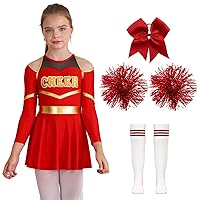 ACSUSS Kids Girls Cheer Leader Costume Cheering Uniform Long Sleeve Dance Dress Pom Poms Children's Day Halloween Cosplay