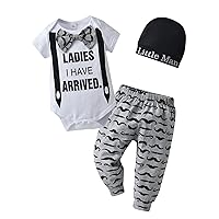 KuKitty 3Pcs Newborn Baby Boy Clothes Summer Short Sleeve Bow Ladies I Have Arrived Romper + Moustache Pants + Hat Outfits Set (0-3 Months) Grey