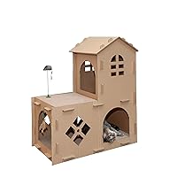 Multi-Level Cardboard Cat House w/ Catnip for Indoor Cats, Ft. Scratching Pads & Toys - Farmhouse Corrugated Cat Scratcher Hideout - Cardboard Brown, One Size