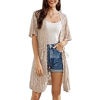 GRACE KARIN Womens Short Sleeve Open Front Crochet Knit Cardigan Lightweight Summer Kimono Boho Cardigans with Side Slit