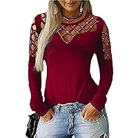 Women Casual Rhinestone Hollow Out T Shirt Tops O Neck Long Sleeve Studded Cutout Fashion Pullover Blouses