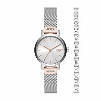 DKNY Women's Soho Three-Hand Silver and Rose Gold Two-Tone Stainless Steel Mesh Band Dress Watch and Bracelet Gift Set (Model: NY6684SET)