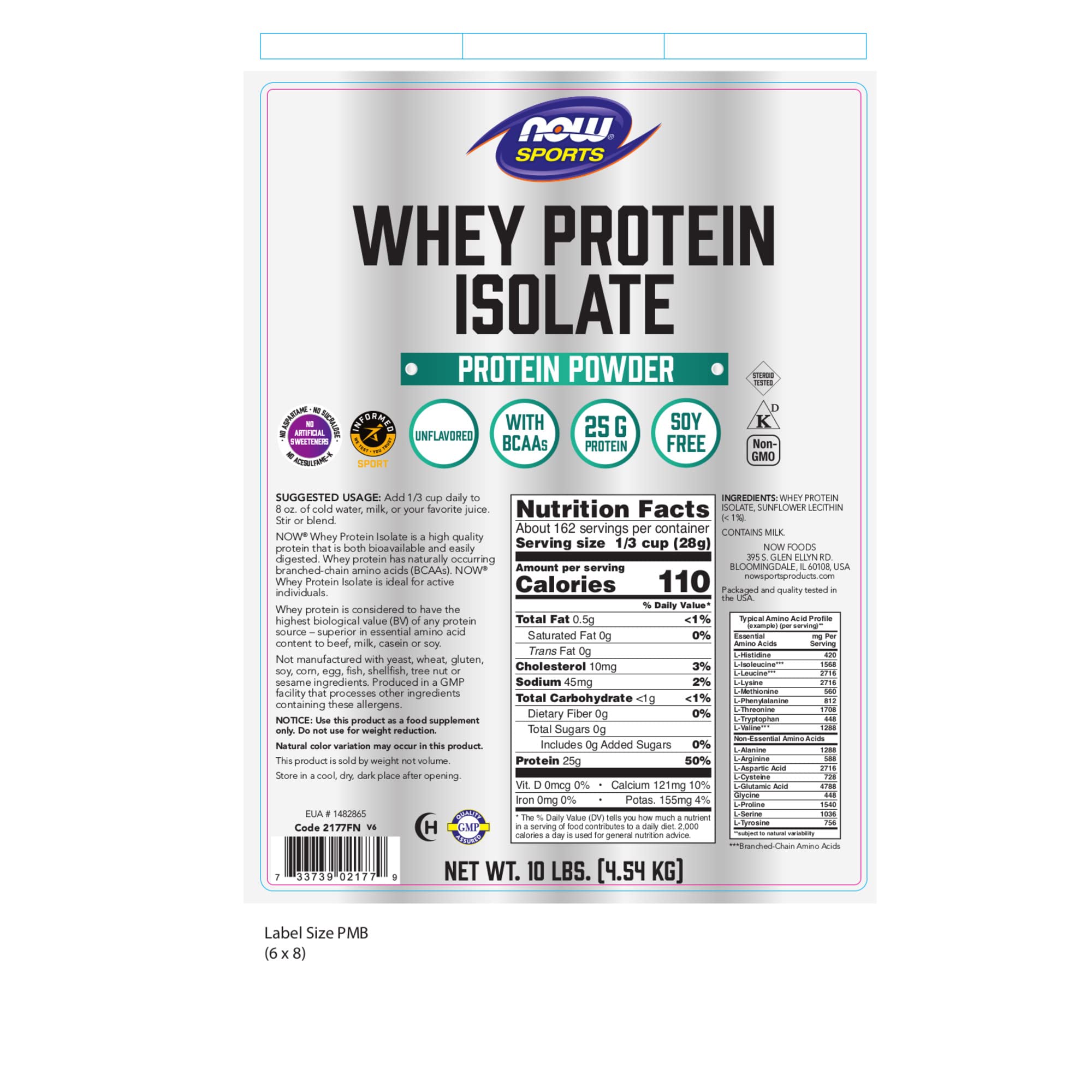 NOW Sports Nutrition, Whey Protein Isolate, 25 g With BCAAs, Unflavored Powder, 10-Pound